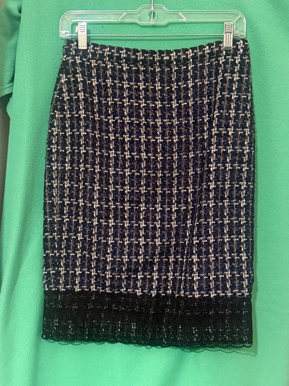 Ann Taylor Black, Blue and Cream Tweed Pencil Skirt with Black Lace Trim